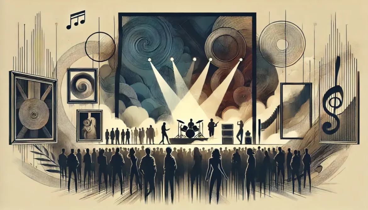 Die Illustration zeigt schemenhafte, neutrale Musiker auf einer Bühne, diverse Konzert- und Austellungsbesucher und größe Bilder an den Wänden.
