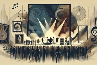 Die Illustration zeigt schemenhafte, neutrale Musiker auf einer Bühne, diverse Konzert- und Austellungsbesucher und größe Bilder an den Wänden.